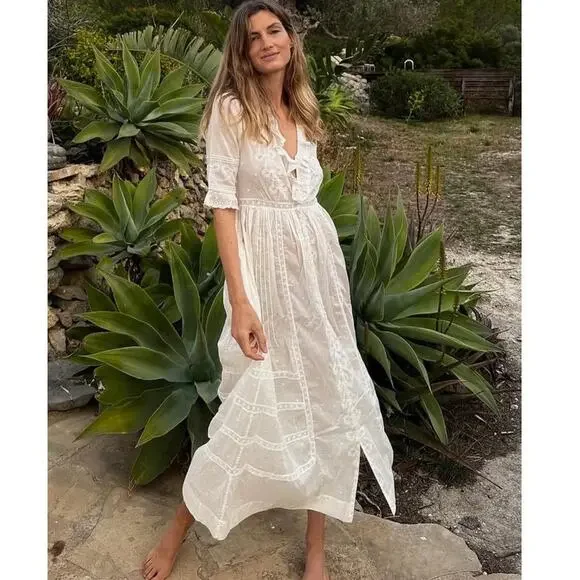 DOEN Rosabella Embroidered Midi Dress bow lace salt white size XS - Picture 6 of 16